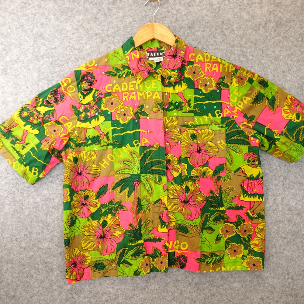 Hawaiian Camp Shirt Womens L Green Sequin Hibiscus Aloha Button Up Resort FAITH